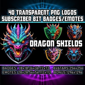 Puede incluir: 40 logos PNG transparentes de escudos de dragones en varios tamaños. Los logos son perfectos para insignias de bits de suscriptores y emoticonos. El texto "DRAGON SHIELDS" está en el centro de la imagen. Los tamaños de las insignias y los emoticonos se enumeran debajo del texto.