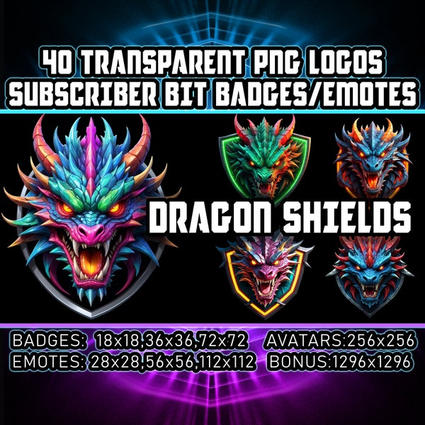 Cyberpunk Dragon Shields Twitch Kick Sub/Bit Badges for Streamers,VTubers,40 Transparent PNG, Avatars,Emotes,Clipart,Emblems,Logos,AI-Art