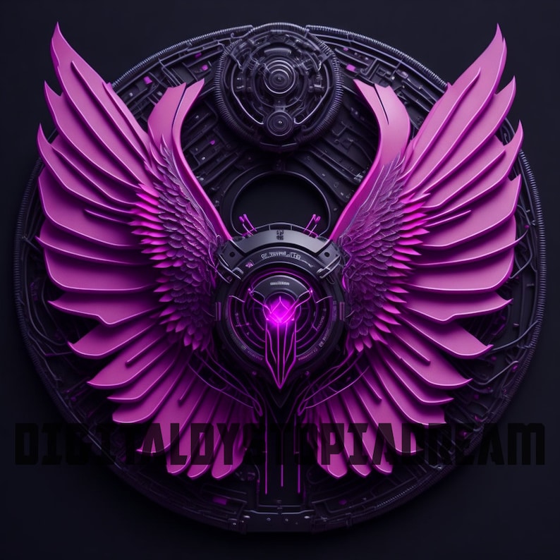 Peut inclure: Un motif circulaire m&eacute;tallique avec un motif d'ailes &agrave; plumes roses. Le centre pr&eacute;sente un motif m&eacute;canique circulaire noir avec une lueur violette.