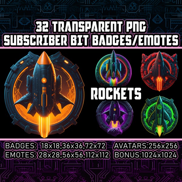 Cyberpunk Rockets Twitch Sub Badges and Bit Badges for Streamers,VTubers 32 Transparent PNG Space Avatars,Clipart,Emotes,Logos - AI Art