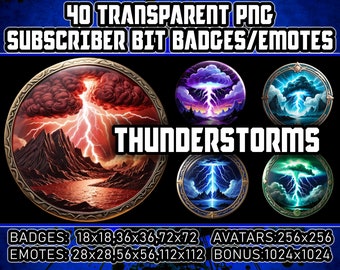 Thunderstorm Twitch Kick Sub Bit Badges for Streamers,VTubers,40 Lightning Bolts Flash Emotes,Avatars,Clipart,Logos,Transparent PNG,AI Art