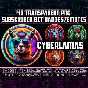 Lama Twitch Kick Sub Bit Badges for Streamers, VTubers,Llama lovers | 40 Cyberpunk Transparent PNG,Avatars,Emote,Clipart,Logos,AI Art