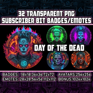Cyberpunk Day of the Dead Twitch Sub und Bit Badges für Streamer,VTubers 32 Transparente PNGs,Avatare,Clipart,Emotes,Logos - AI Art