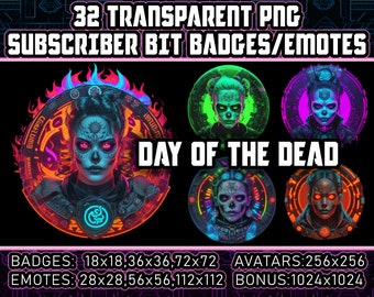 Cyberpunk Day of the Dead Twitch Sub and Bit Badges for Streamers,VTubers 32 Transparent PNGs,Avatars,Clipart,Emotes,Logos - AI Art