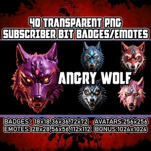 Angry Wolf Twitch Kick Sub/Bit Badges pour streamers, VTubers, amoureux des animaux, 40 PNG transparents, avatars, émoticônes, clipart, emblèmes, logos