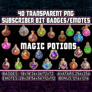 Könnte beinhalten: Ein Bild mit 40 transparenten PNG-Abonnenten-Bit-Abzeichen und Emotes, die verschiedene verzierte Zaubertrankflaschen in verschiedenen Farben zeigen. Text enthält "MAGIC POTIONS" und Abzeichen-/Emote-Größen.