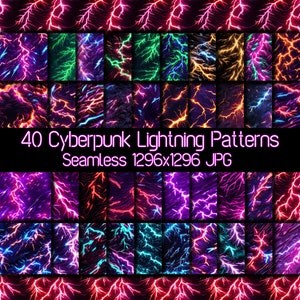 Könnte beinhalten: 40 nahtlose digitale Muster mit Neon-Blitzen in verschiedenen Farben auf einem dunklen Hintergrund. Die Muster sind 1296x1296 Pixel groß und eignen sich ideal für den Einsatz in digitalen Designprojekten.