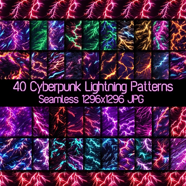 40 Cyberpunk Lightning Seamless Neon Patterns, Glowing lightning bolt patterns, flash textures 1296x1296 - AI Art