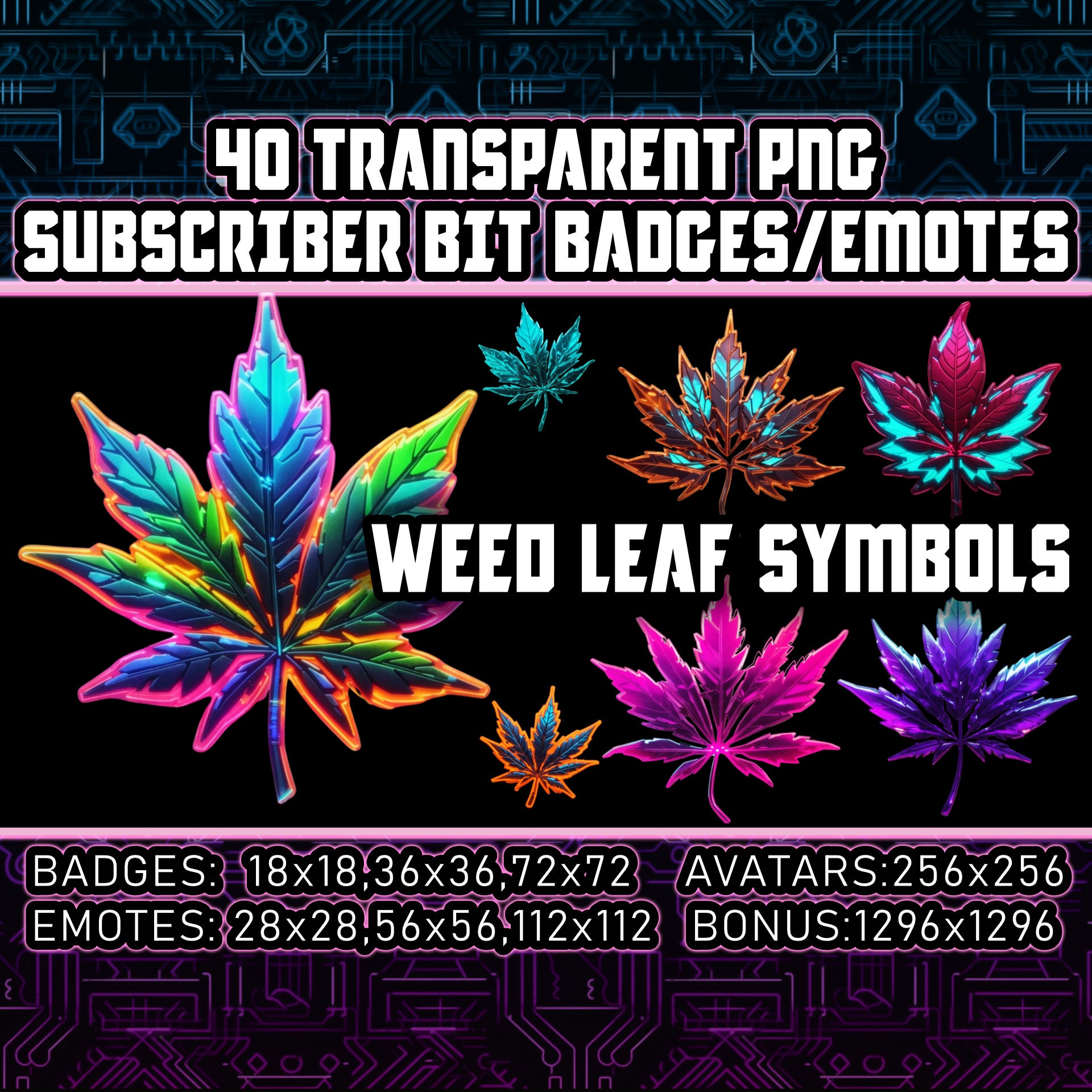 40 Neon Weed Leaf Symbols Twitch Kick Sub Bit Badges for Streamers