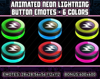 Animated Neon Lightning Button Twitch Emotes,6 Colors, 28x28,56x56,112x112,600x600 Animated GIF,1296x1296 Static PNGs Electricity