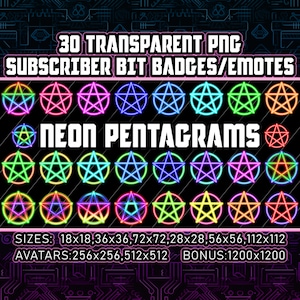 May include: 30 neon pentagram designs in various colors.  These digital illustrations are available in multiple sizes, including 18x18, 36x36, 72x72, 28x28, 56x56, 112x112, 256x256, 512x512, and 1200x1200 pixels.  These designs are perfect for use as subscriber bit badges or emotes.