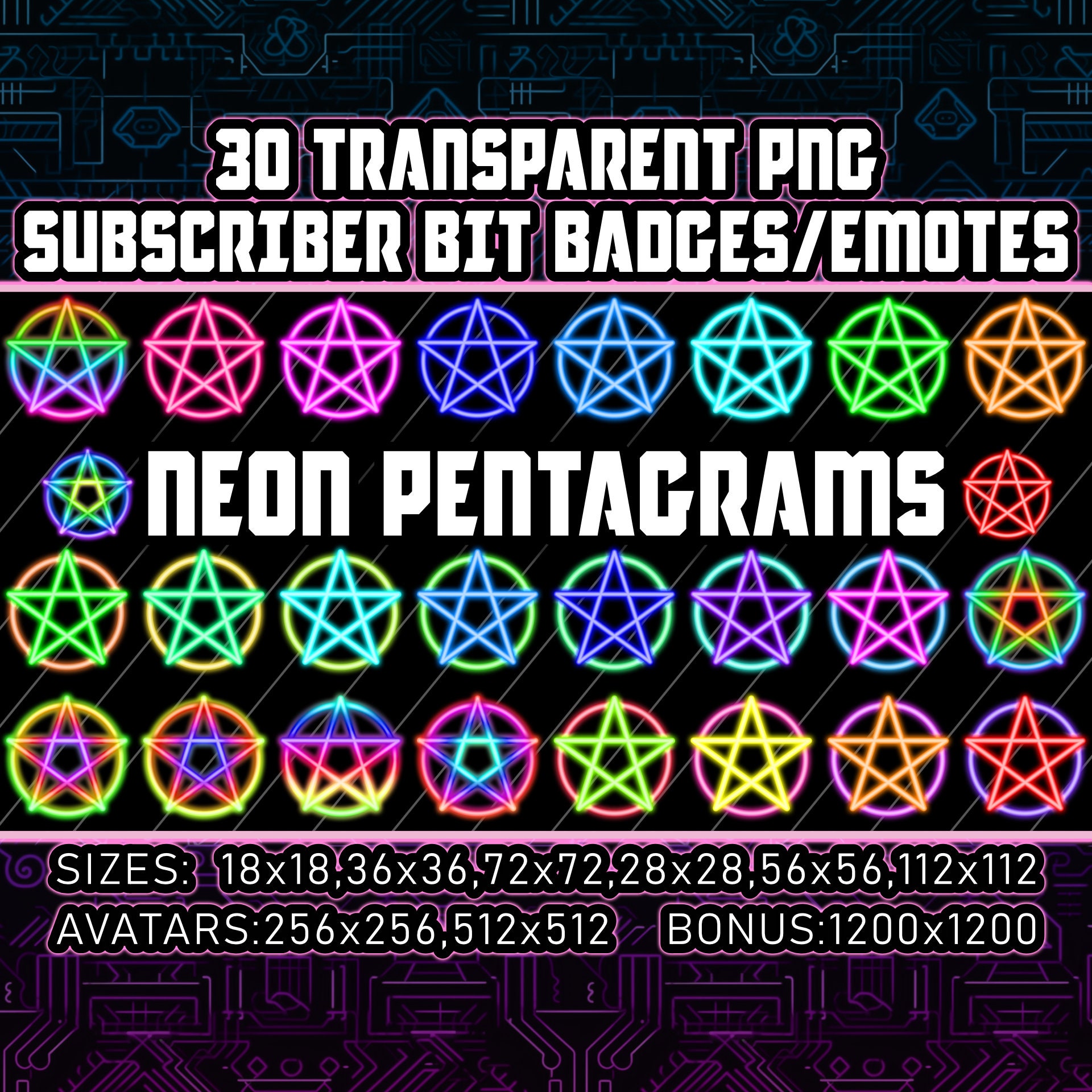Neon Pentagrams Twitch/kick Sub Bit Badges for Streamers,vtubers