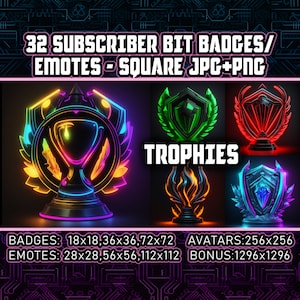 Trophy Cyberpunk Twitch Sub Bit Badges for Streamers, VTuber ,Dark Background | 32 Square PNG/JPG,Avatars,Emote,Clipart,Logos | AI Art
