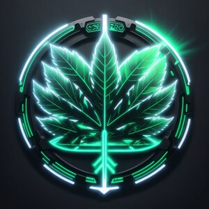May include: A green marijuana leaf inside a black and white circular frame with the word "FRO" in the top center of the frame.
