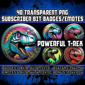 Puede incluir: 40 insignias y emoticonos de bits de suscriptor PNG transparentes que presentan un poderoso T-Rex en varias poses. Las insignias están disponibles en tamaños de 18x18, 36x36 y 72x72 píxeles. Los emoticonos están disponibles en tamaños de 28x28, 56x56 y 112x112 píxeles. Los avatares de bonificación están disponibles en 1024x1024 píxeles.
