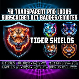 Cyberpunk Tiger Shields Twitch Kick Sub/Bit Badges for Streamers,VTubers,42 Transparent PNG, Avatars,Emotes,Clipart,Emblems,Logos,AI-Art