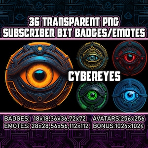 Cyberpunk Eyes Twitch Sub Badges and Bit Badges for Streamers,VTubers 36 Transparent PNGs,Avatars,Clipart,Emotes,Logos - AI Art