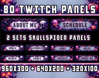 Scary Halloween Twitch Panels for Streamers,2 x 40 Skull Spider Transparent PNGs,Stream Decoration Buttons,Creepy Neon Panel Design