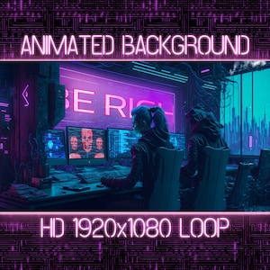 Puede incluir: Un fondo animado futurista con dos personas sentadas frente a pantallas de ordenador. La pantalla muestra el texto "BE RICH" en letras rosa neón. El fondo es un esquema de colores azul y morado neón con un horizonte urbano en el fondo.