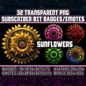 サイバーパンク サンフラワー Twitch サブとビットバッジ ストリーマー、VTuber、花好きの方向け 32 個の透明な PNG、アバター、クリップアート、絵文字、ロゴ - AI アート