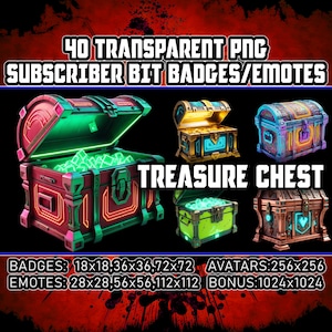 Neon Treasure Chest Twitch Kick Sub Bit Badges for Streamers,VTuber, 40 Magical Cyberpunk Transparent PNG,Avatars,Emote,Clipart,Logos,AI Art