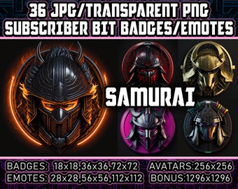36 subinsignias Cyberpunk Samurai Twitch e insignias de bits para streamers / fondo oscuro + gestos, avatares y logotipos de bonificación PNG transparentes - AI Art