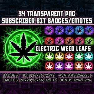 Puede incluir: 34 insignias y emoticonos de bits de suscriptor PNG transparentes que presentan una hoja de hierba verde en un círculo con rayos eléctricos. Las insignias y los emoticonos están disponibles en varios colores, incluidos morado, rojo, amarillo, verde, azul y rosa. El texto "ELECTRIC WEED LEAFS" se muestra en letras blancas. Los tamaños de las insignias y los emoticonos se enumeran a continuación: BADGES: 18x18, 36x36, 72x72 AVATARS: 256x256 EMOTES: 28x28, 56x56, 112x112 BONUS: 1296x1296