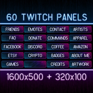 60 Cyberpunk Twitch Panels, Color gradient  (Pink and Blue), 2 sizes (320x100 and 1600x500),Transparent PNG Stream Panels Package