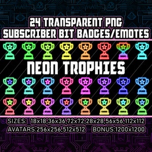 Puede incluir: 24 insignias o emoticonos de trofeos de neón para Twitch o YouTube. Los trofeos están delineados en varios colores, incluidos el rosa, el azul, el verde, el amarillo y el naranja. El texto "NEON TROPHIES" está en el centro de la imagen. La imagen también incluye el texto "SIZES: 18x18, 36x36, 72x72, 28x28, 56x56, 112x112 AVATARS: 256x256, 512x512 BONUS: 1200x1200".