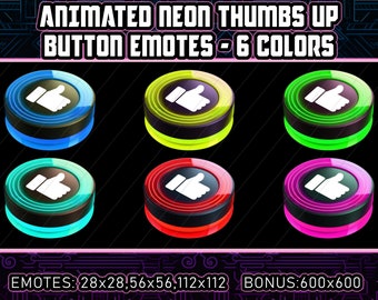 May include: Six animated neon thumbs up buttons in different colors: blue, green, yellow, cyan, red, and pink. The buttons are circular and have a black outline. The text "EMOTES: 28x28, 56x56, 112x112 BONUS: 600x600" is at the bottom of the image.