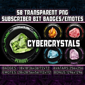 Peut inclure: 58 badges et émoticônes de bits d'abonnés PNG transparents avec des motifs de cristaux géométriques colorés. Le texte "CYBERCRYSTALS" est affiché en gras, en blanc. Les badges sont disponibles dans des tailles allant de 18x18 à 1296x1296 pixels.