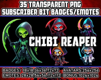 Cyberpunk Chibi Grim Reaper Twitch Kick Sub-badges en bit-badges voor streamers, 35 transparante PNG-emotes, avatars, cliparts, logo's, AI-kunst