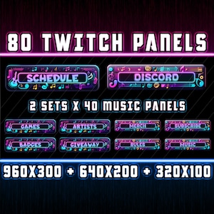 Music Twitch Panels for Streamers,2 x 40 Transparent PNGs,Multiple Sizes,Stream Decoration Button Bundle,Neon Panel Design Pack,AI Assistet