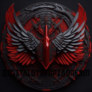 Peut inclure: Un motif circulaire noir et rouge avec un motif g&eacute;om&eacute;trique m&eacute;tallique. Le motif pr&eacute;sente une paire d'ailes avec des plumes rouges et noires, et une forme rouge pointue au centre. Le texte "DIGITAL DYSTOPIA DREAM" est visible en bas du motif.