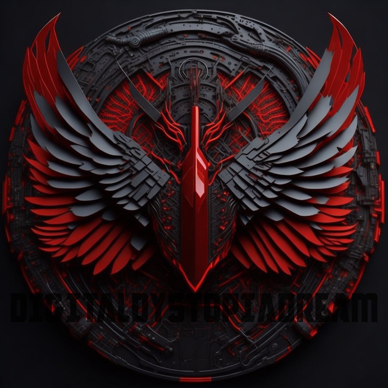 Peut inclure: Un motif circulaire noir et rouge avec un motif g&eacute;om&eacute;trique m&eacute;tallique. Le motif pr&eacute;sente une paire d'ailes avec des plumes rouges et noires, et une forme rouge pointue au centre. Le texte "DIGITAL DYSTOPIA DREAM" est visible en bas du motif.