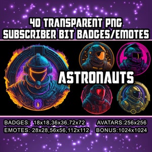 Cyberpunk Astronauts Twitch Sub Badges and Bit Badges for Streamers, Vtubers 40 Transparent PNG,Avatars,Emotes,Logos,Bonus Badges AI Art