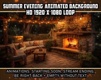 Cozy Summer Garden Animated Virtual Background Vtuber Twitch Streaming Moving Wallpaper Loop Cat with a fireplace on a warm romantic patio