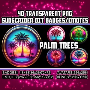 Könnte beinhalten: 40 transparente PNG-Abonnenten-Bit-Badges und -Emojis mit Palmen im Retro-Neon-Stil. Die Badges sind in den Größen 18x18, 36x36 und 72x72 Pixel erhältlich. Emojis sind in den Größen 28x28, 56x56 und 112x112 Pixel erhältlich. Avatare sind 256x256 Pixel groß und ein Bonusbild ist 1296x1296 Pixel groß.