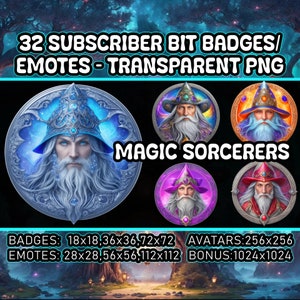 Wizards Emotes 32 Transparent PNG Twitch Sub Bit Badges for Streamers, VTubers, Magical Sorcerers  Avatars,Clipart,Badges,Logos,AI Art