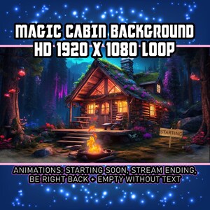 Magic Cabin in the Woods Sfondo virtuale Vtuber Twitch Streaming Moving Wallpaper Loop Accogliente falò nella foresta, AI-Art