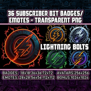 May include: 36 Subscriber Bit Badges/Emotes - Lightning Bolts.  A set of four animated Twitch badges featuring a stylized lightning bolt design in red, orange, green, and blue.  The badges are available in various sizes: 18x18, 36x36, 72x72, 28x28, 56x56, 112x112, 256x256, and 1024x1024.