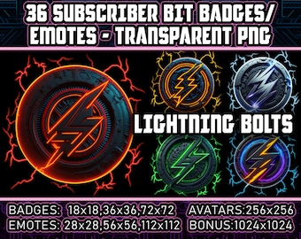 May include: 36 Subscriber Bit Badges/Emotes - Lightning Bolts.  A set of four animated Twitch badges featuring a stylized lightning bolt design in red, orange, green, and blue.  The badges are available in various sizes: 18x18, 36x36, 72x72, 28x28, 56x56, 112x112, 256x256, and 1024x1024.
