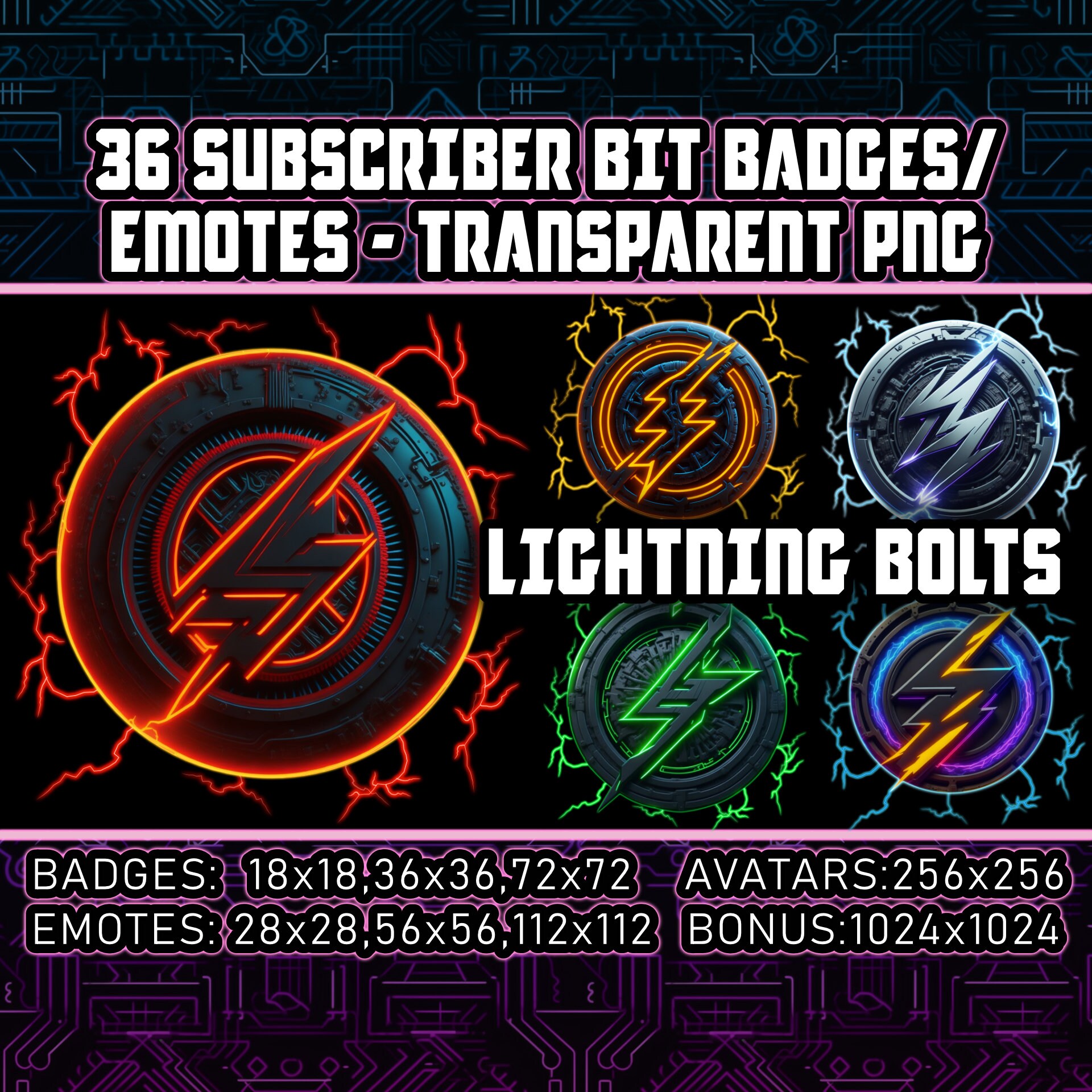 36 Neon Lightning Bolts Twitch Kick Sub Bit Badges For Streamers 