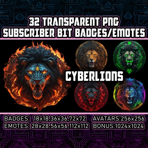 Cyberpunk Lions Twitch Kick Sub et Bit Badges pour streamers, VTubers, amateurs de Lion, 32 PNG transparent, Avatars, Emotes, Clipart, Logos JPG AI-Art