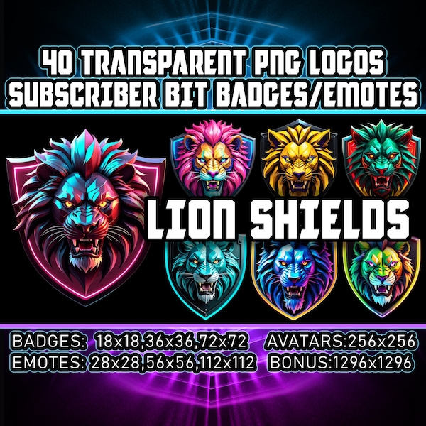 Cyberpunk Lion Shields Twitch Kick Sub/Bit Badges for Streamers,VTubers,40 Transparent PNG, Avatars,Emotes,Clipart,Emblems,Logos,AI-Art