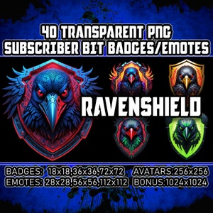 Cyberpunk Raven Shields Twitch Kick Sub Bit-badges voor streamers, VTubers, 40 transparante PNG, avatars, emotes, cliparts, emblemen, logo's, AI-kunst