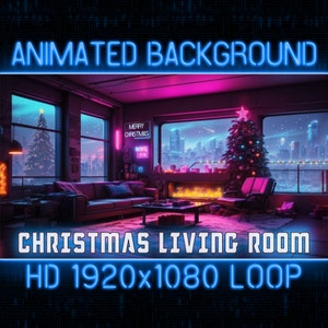 Puede incluir: Fondo animado de una sala de estar futurista con un árbol de Navidad, una chimenea y una vista de la ciudad. La habitación está decorada con luces de neón y un letrero que dice "Feliz Navidad". El texto "HD 1920x1080 LOOP" está en la parte inferior de la imagen.