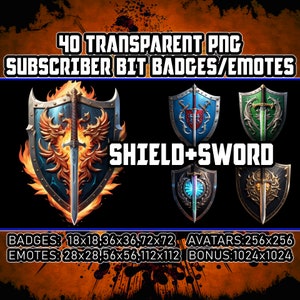 Sword and Shield Twitch Kick Sub Bit Badges for Streamers,VTubers, 40 Knight Blades Transparent PNG,Emotes,Cliparts,Avatars,Logos, AI Art