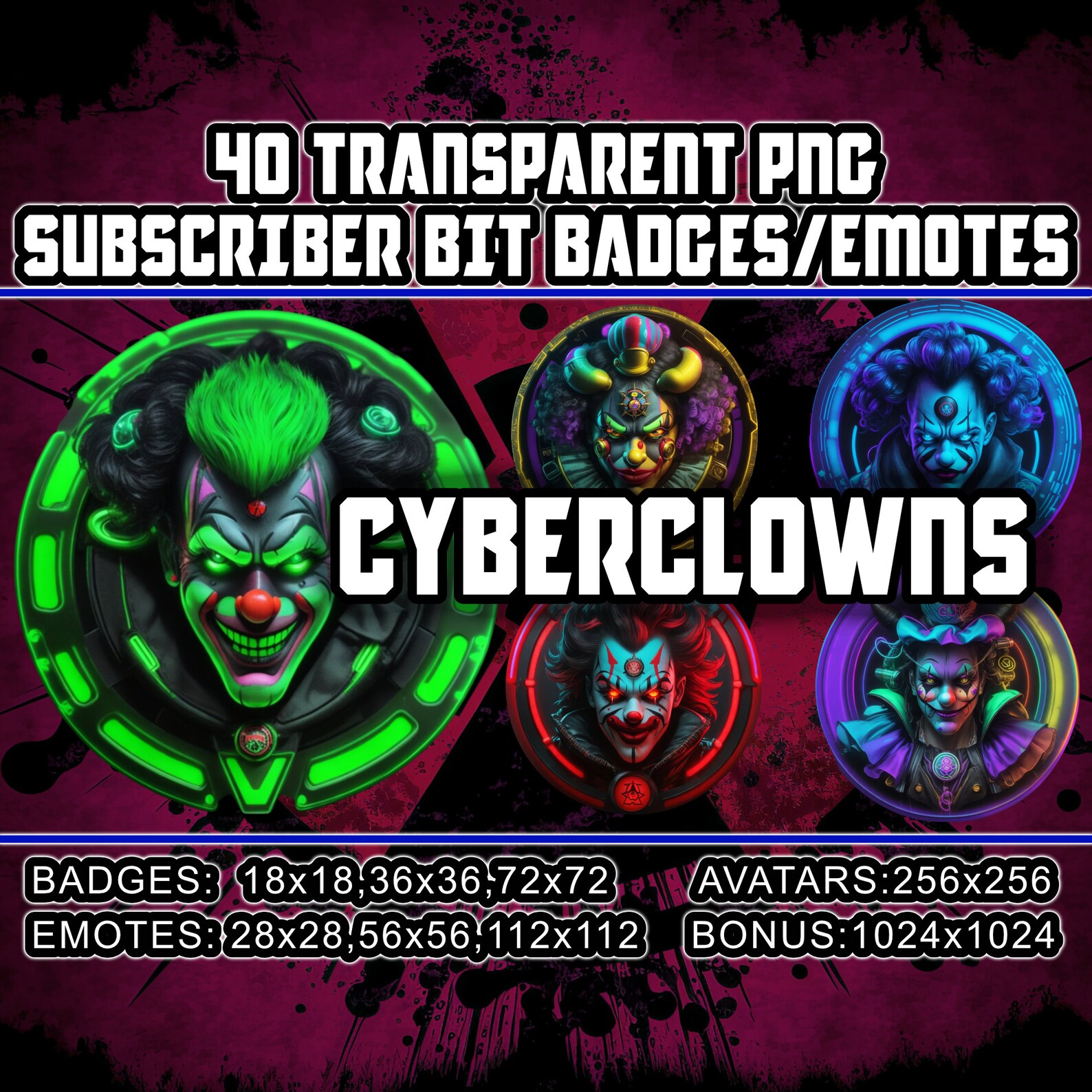 Clow Bit Cyberpunk Clowns Twitch/kick Sub and Bit Badges for Streamers,vtubers ...