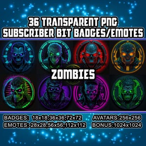 Cyberpunk Zombies Twitch Kick Sub Badges and Bit Badges for Streamers, 36 Transparent Zombie PNG Undead emote clipart avatar  logo